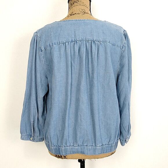 LOFT Womens sz L Top Solid Blue Chambray VNeck Wrap Tie Hem 3/4 Sleeve Blouse - Picture 4 of 8
